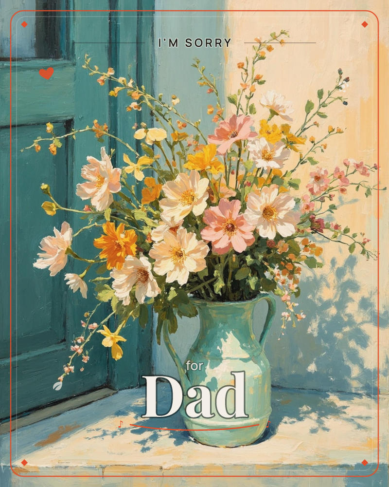 A pale teal ceramic pitcher overflows with pink, cream, and marigold blooms, set on a sunlit stone ledge beside a weathered teal-green door, a sorry e-card design