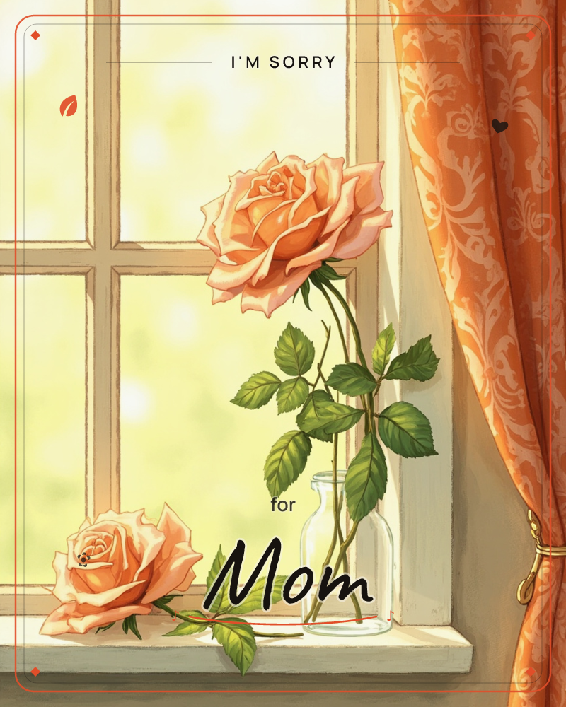 A pair of peach-toned roses rest on a sunlit windowsill, one standing in a small glass bottle and the other lying loose beside it, its stem trailing…, a sorry e-card design