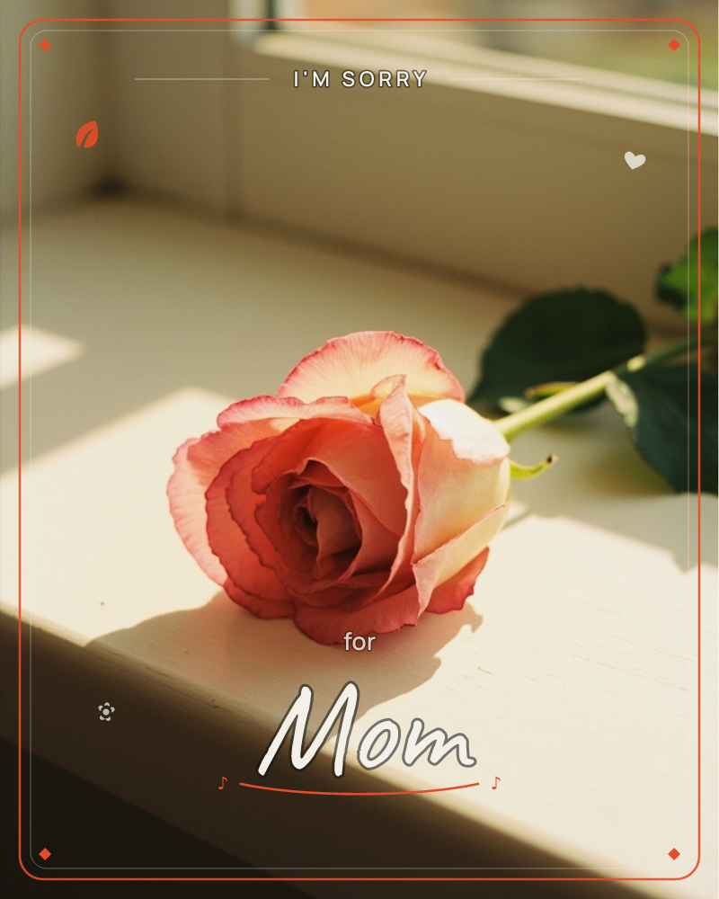 A single pink-edged rose lies on a white painted windowsill, its stem and leaves trailing off to one side, a sorry e-card design