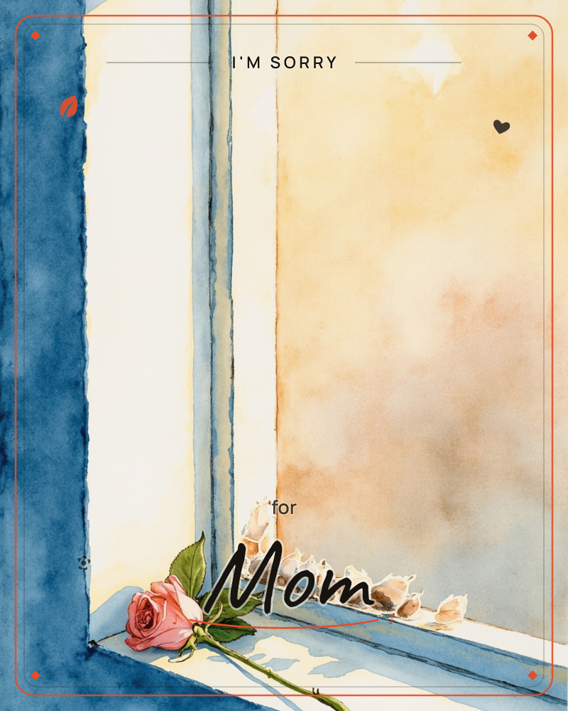 A single pink rose lies across a blue-painted windowsill, its stem catching the light beside a row of small seashells lined up along the frame, a sorry e-card design