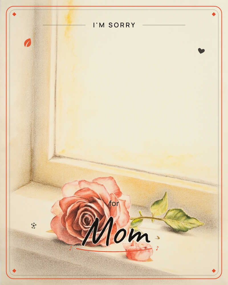 A single pink rose lies on a sunlit windowsill, its stem trailing two green leaves and a loose petal fallen beside it, a sorry e-card design