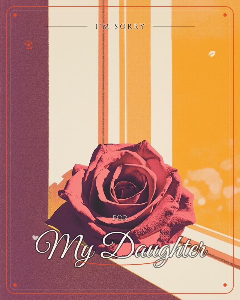 A single rose in full bloom sits in the corner of a graphic, striped composition of plum, cream and marigold bands, a sorry e-card design