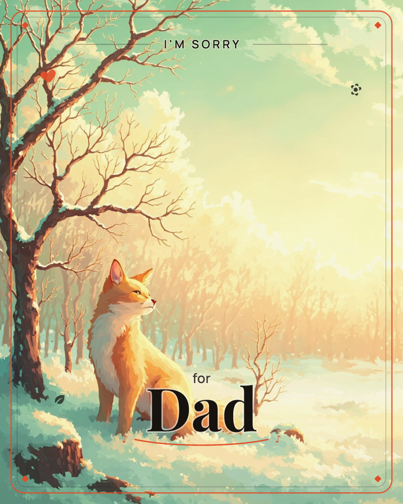 A red fox sits alert beneath a bare, frost-dusted tree at the edge of a snowy clearing, its coat glowing amber against pale winter light, a sorry e-card design