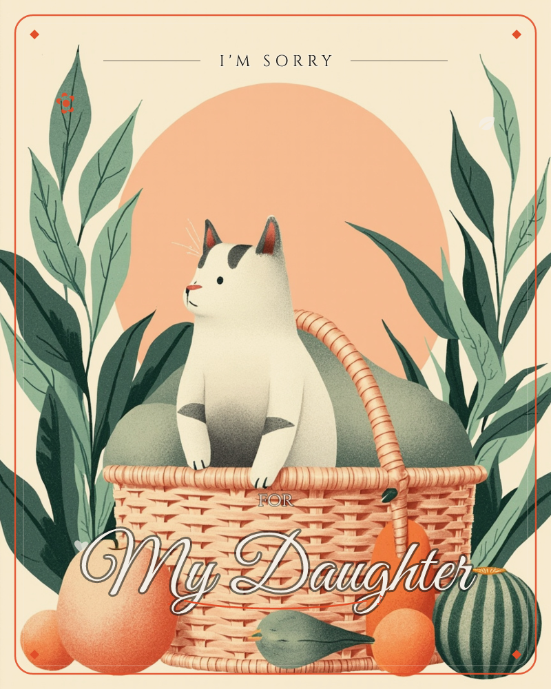 A white cat with black patches sits perched in a woven basket overflowing with melons, surrounded by oranges, a carrot, and a striped gourd, a sorry e-card design