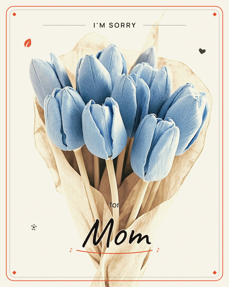 A tight bundle of powdery blue tulips stands wrapped in soft tan paper, their closed buds clustered together against a plain cream background, a sorry e-card design