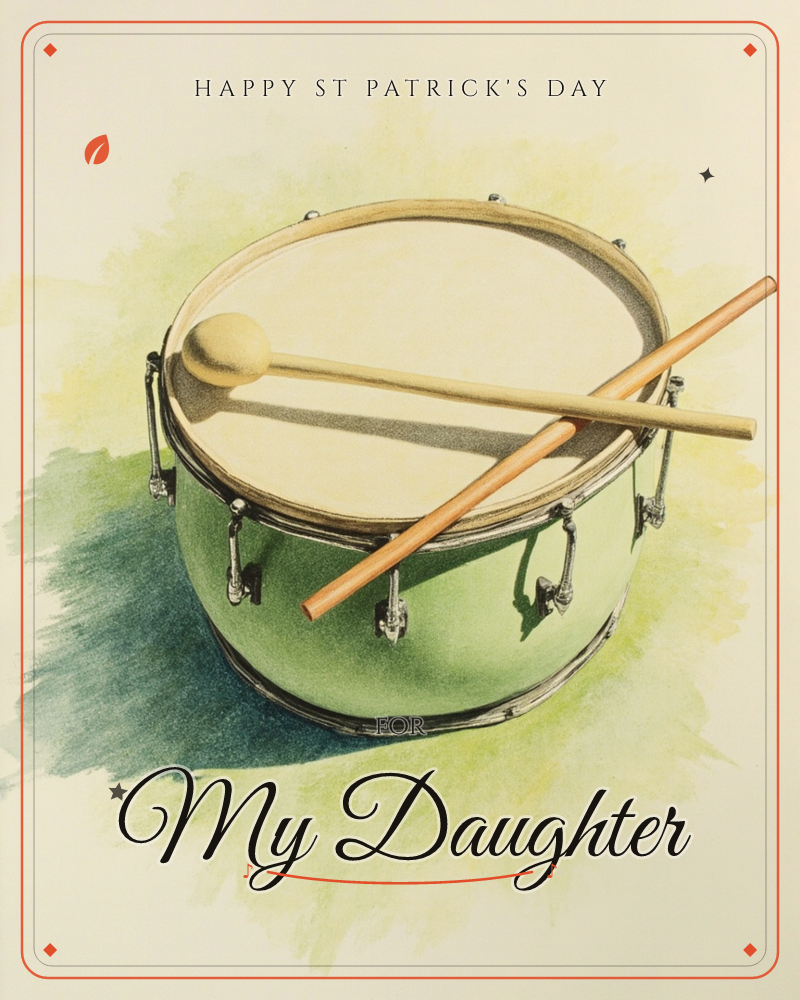 A vintage snare drum in soft sage green sits centre stage, its cream skin catching the light beneath two crossed wooden drumsticks, a st patrick's day e-card design