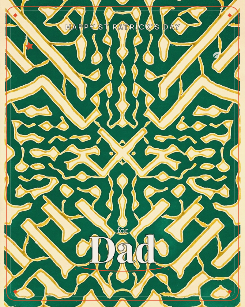 An abstract symmetrical pattern spreads across a deep emerald ground, built from thick cream ribbons edged in gold that twist, branch and interlock…, a st patrick's day e-card design
