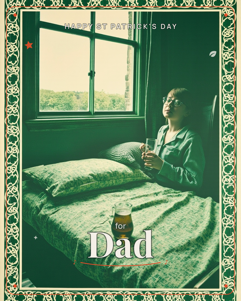 A green-toned photograph, bordered by an ornate decorative frame, shows a woman in striped pajamas sitting up in bed by a window, glasses on, gazing…, a st patrick's day e-card design