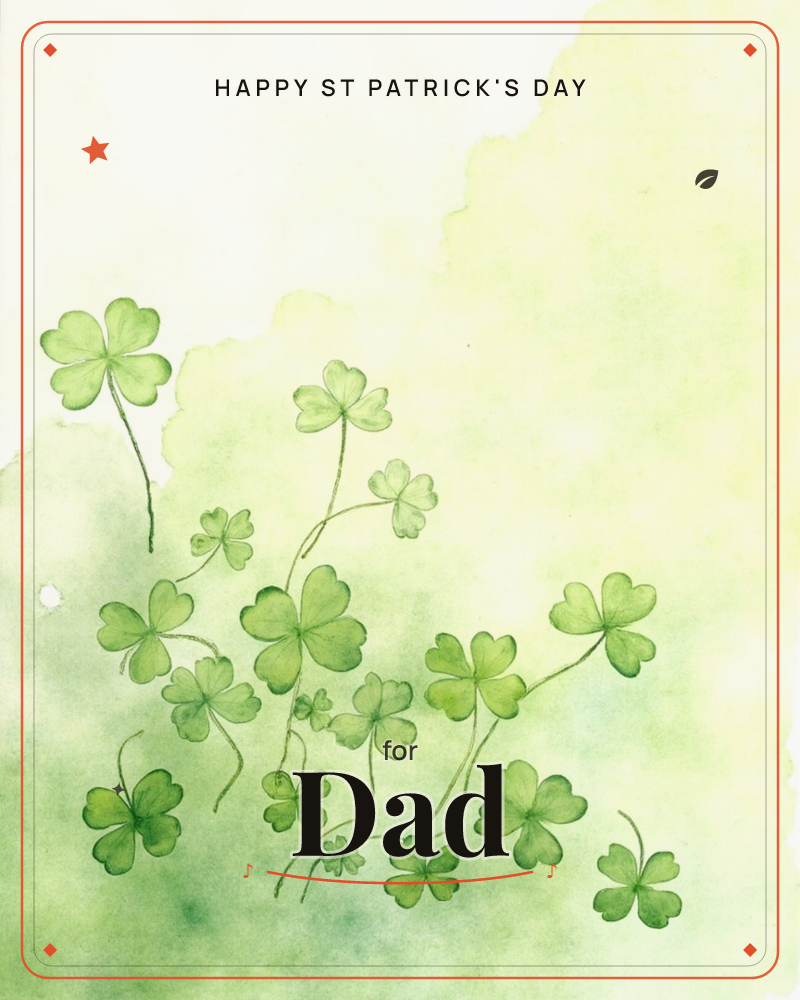A cluster of watercolour clovers, mostly three-leafed with one lucky four-leaf clover reaching up on the left, rises from the bottom of the page…, a st patrick's day e-card design