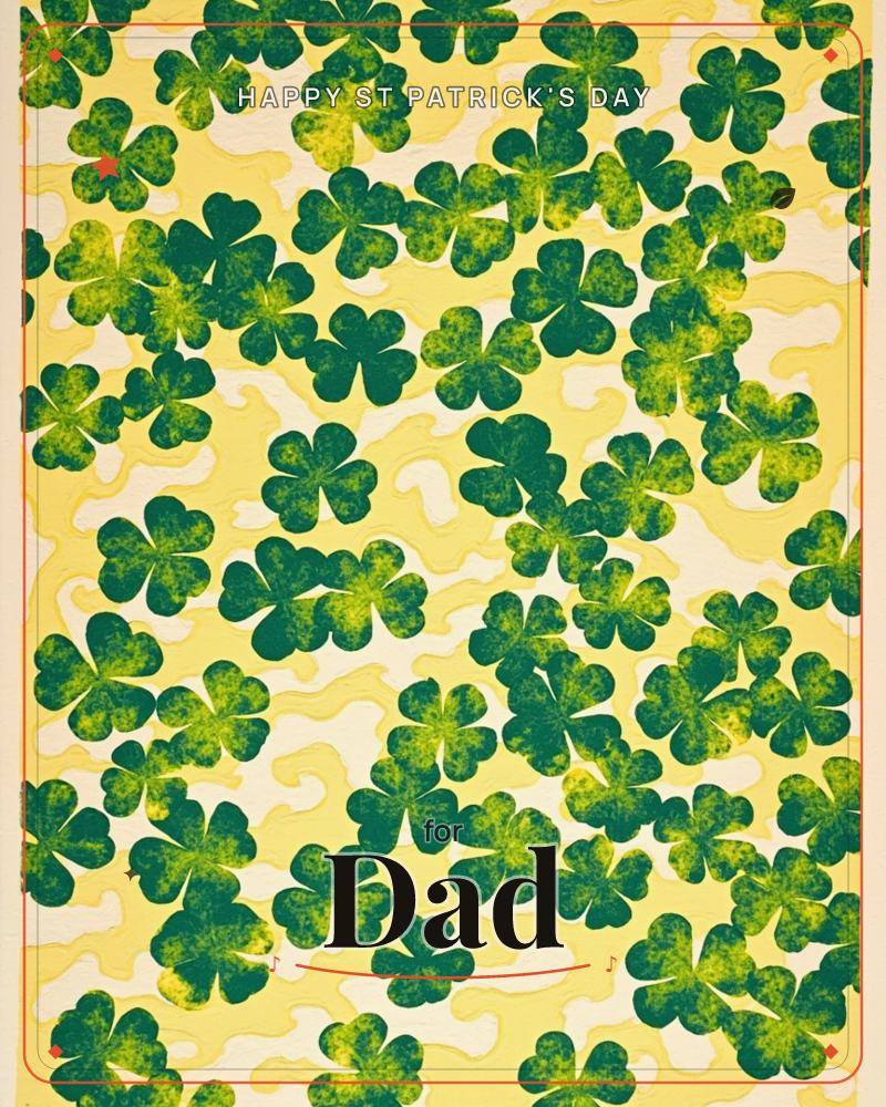 A dense, all-over pattern of textured green shamrocks covers the card, their mottled paint giving each clover a slightly weathered, hand-stamped look, a st patrick's day e-card design