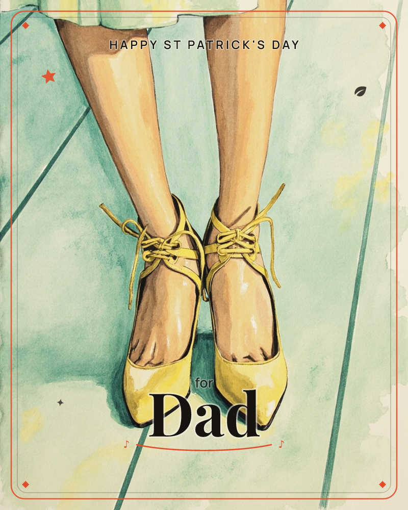 A close-up illustration shows a woman's legs and feet from the knee down, dangling above a teal-tiled floor, a st patrick's day e-card design