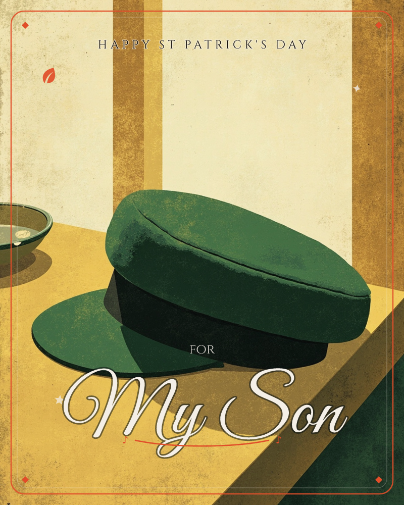 A dark green peaked cap with a black brim rests on a mustard-yellow tabletop, its wide shadow stretching across the surface, while a small bowl with a…, a st patrick's day e-card design