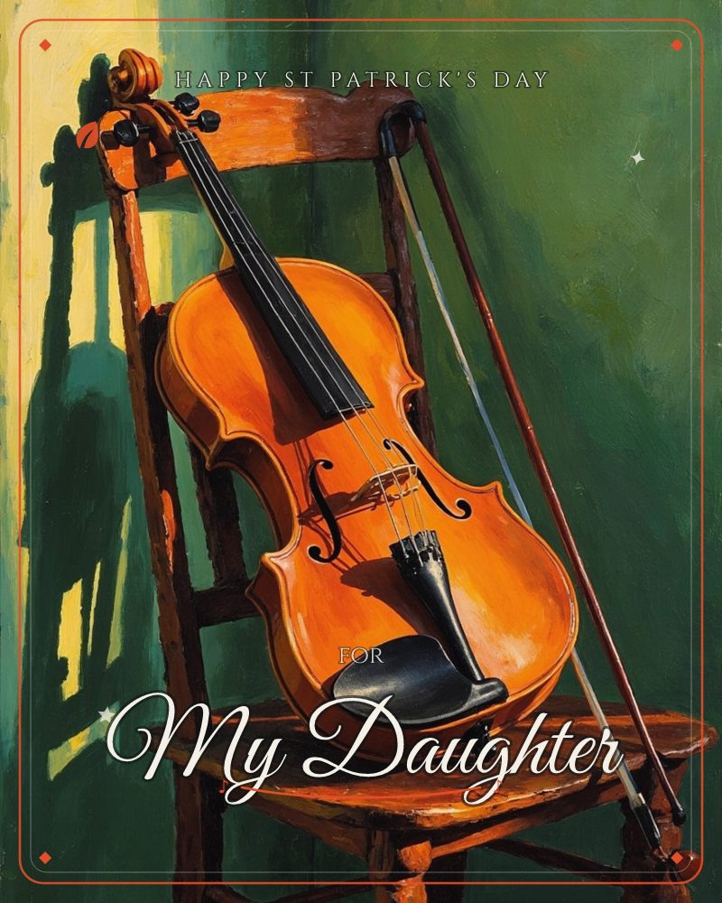 A violin rests on a wooden chair against a deep green wall, its varnished amber body catching a warm shaft of light while its bow leans alongside, a st patrick's day e-card design