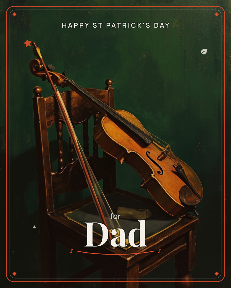 A violin rests against the back of an old wooden chair, its bow leaning beside it and a soft cloth left on the seat, all set against a deep shadowed…, a st patrick's day e-card design