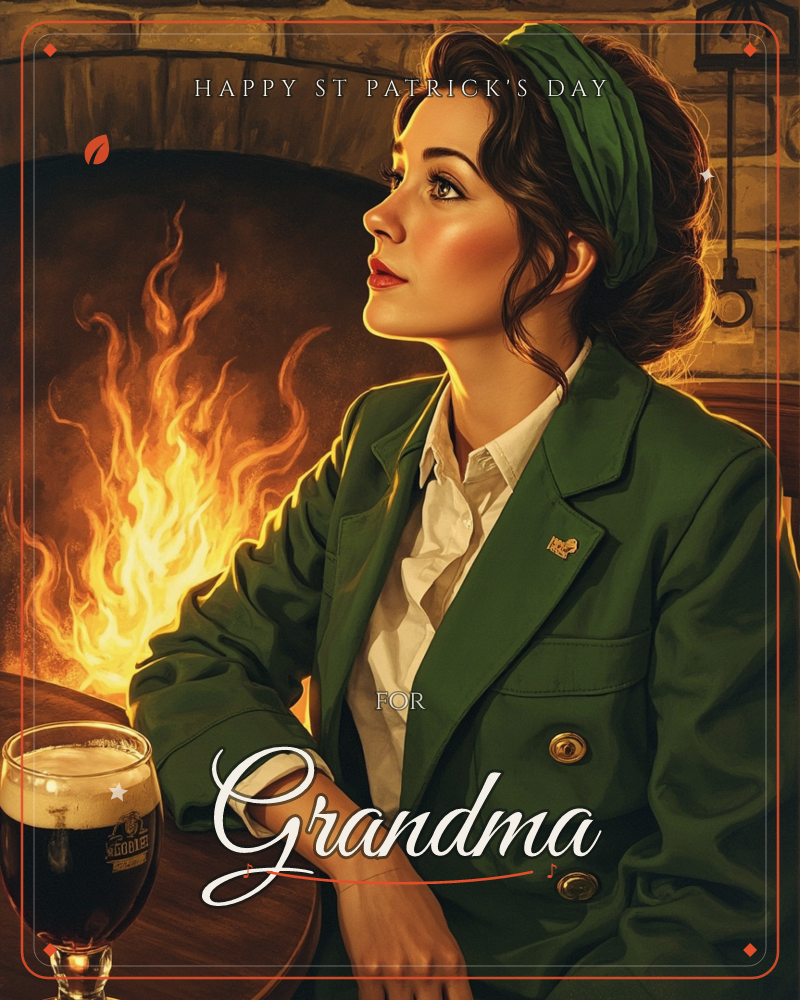 A woman in a green blazer and matching headscarf sits beside a stone fireplace, gazing upward as flames dance beside her, a st patrick's day e-card design