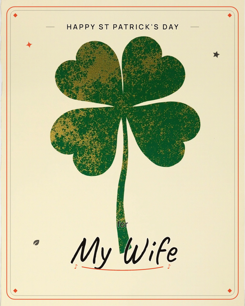 A single four-leaf clover sits centered on a cream background, its four heart-shaped leaves rendered in deep green speckled with flecks of gold like…, a st patrick's day e-card design