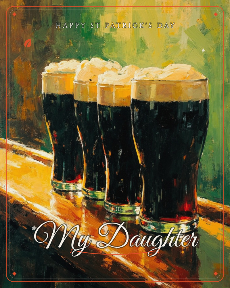 Four pints of dark stout stand in a row along a glossy wooden bar, their creamy foam heads catching warm light, a st patrick's day e-card design