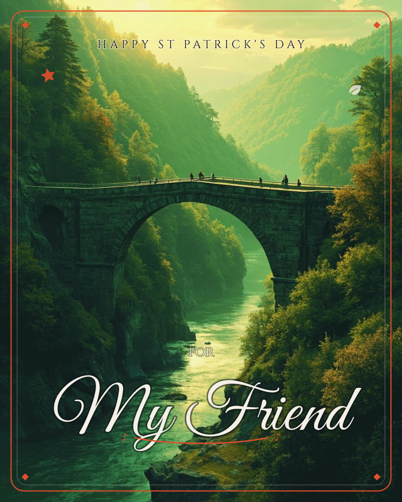 A single stone arch bridge spans a deep green gorge, tiny silhouetted figures crossing it against a glowing misty valley, a st patrick's day e-card design