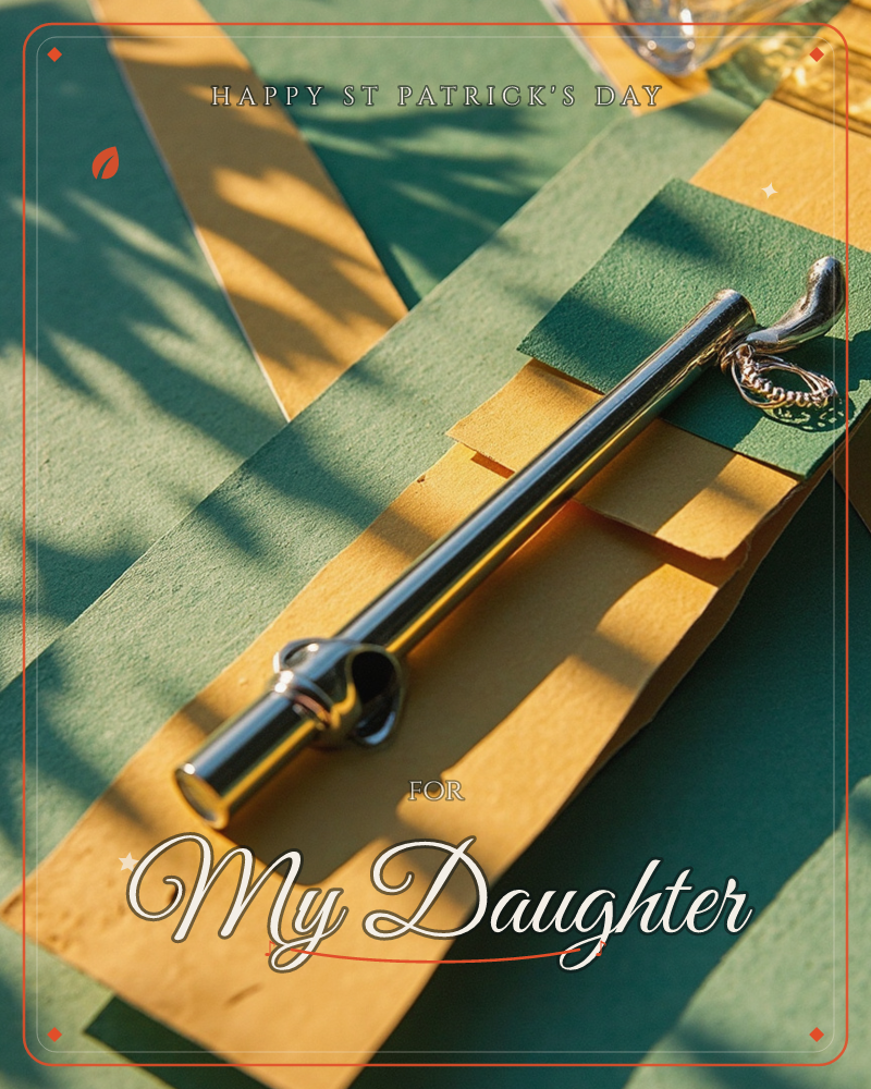 A silver metal whistle on a cord lies diagonally across striped green and gold paper, sunlight raking across it to throw long, leafy shadows from a…, a st patrick's day e-card design