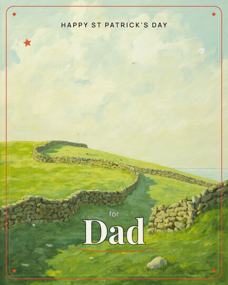 A dry stone wall winds along a green hilltop, dividing the sloping fields as it curves toward a pale horizon where sea meets sky, a st patrick's day e-card design