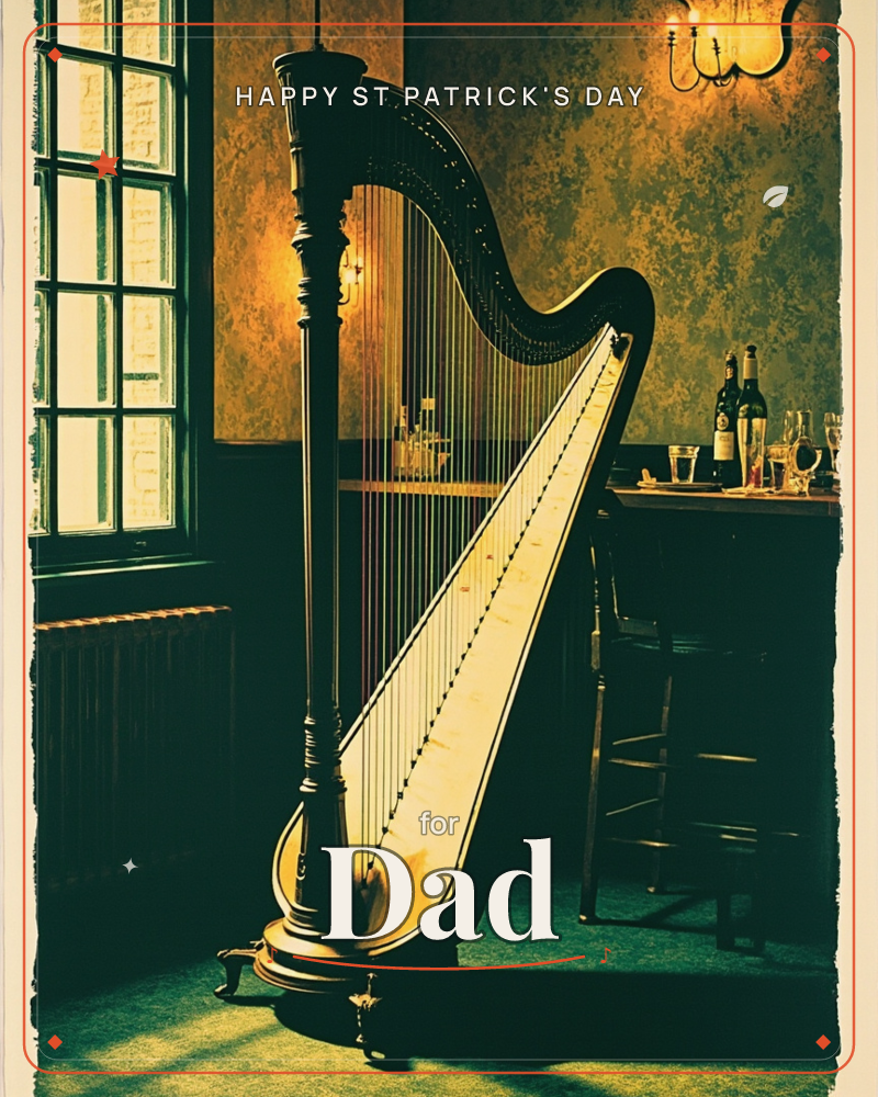 A grand harp stands alone in a dim, wood-paneled room beside a paned window, its strings catching a warm amber glow from a wall sconce, a st patrick's day e-card design