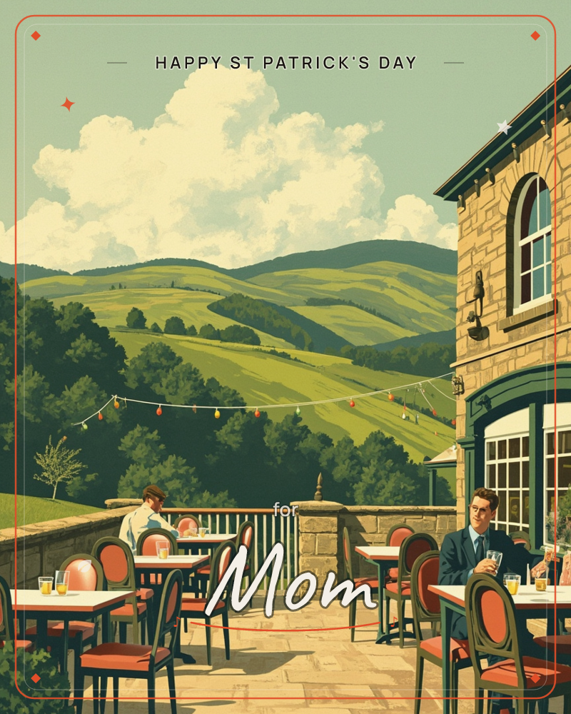 A stone building with arched windows opens onto a terrace café strung with colourful bunting lights, where a few patrons sit at small round tables…, a st patrick's day e-card design