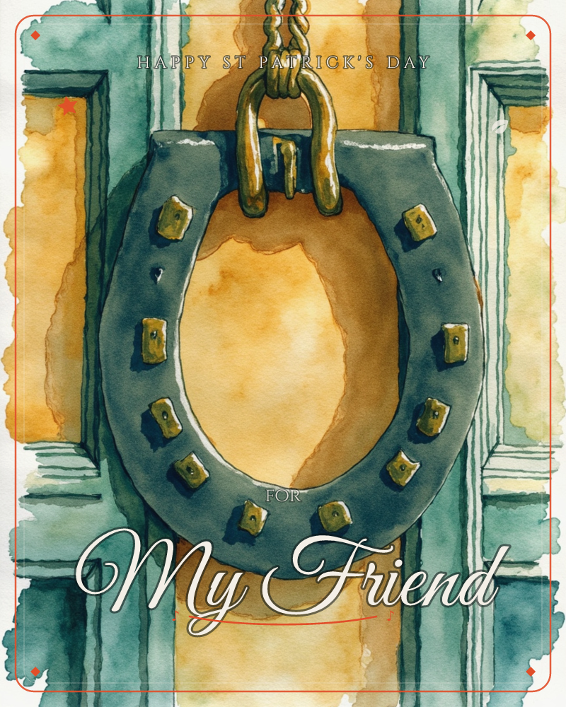 A weathered horseshoe hangs from a twisted rope against a warm amber background, its grey-blue metal studded with golden nail heads, a st patrick's day e-card design