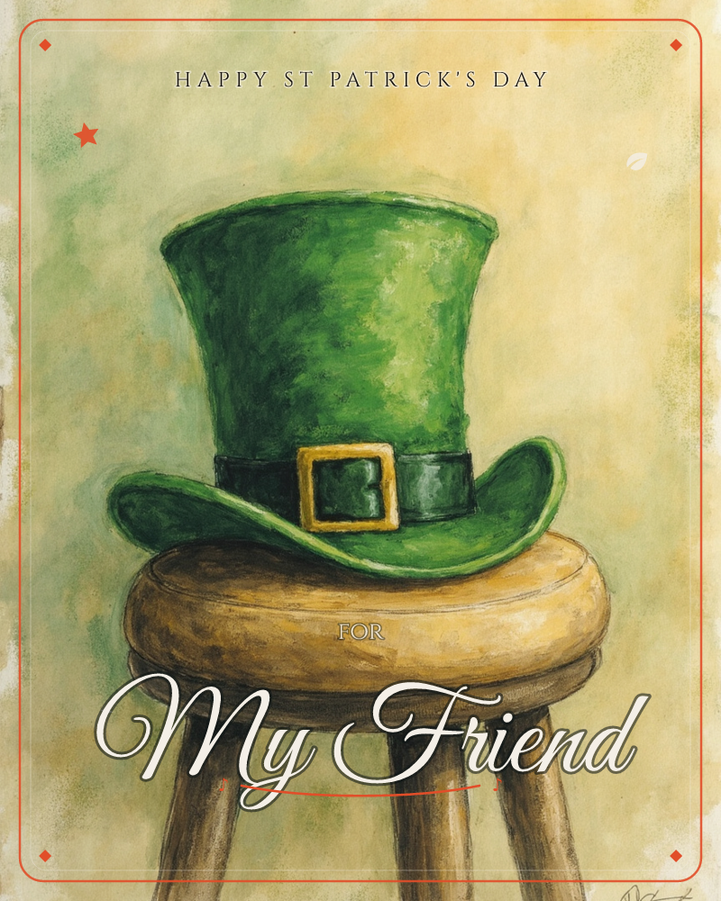 A tall green top hat with a black band and gold buckle rests on a simple wooden stool, painted against a softly mottled gold and olive background, a st patrick's day e-card design