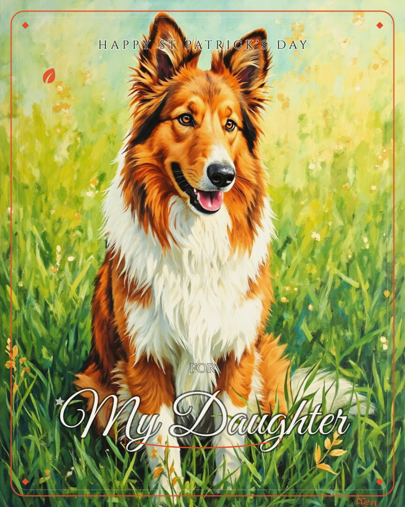 A collie with a rich mahogany-and-white coat sits alert in a sunlit meadow, ears pricked and mouth open in a happy pant, a st patrick's day e-card design