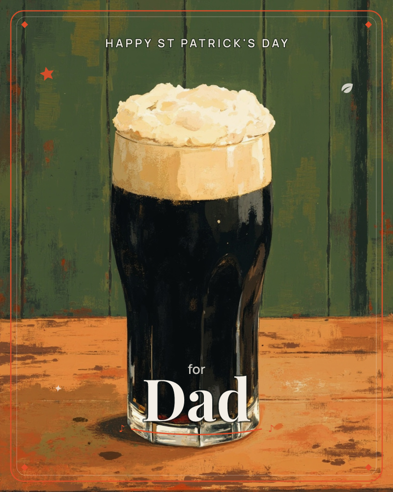 A tall pint of dark stout sits on a worn wooden bar, its thick creamy head piled high above the glass, a st patrick's day e-card design