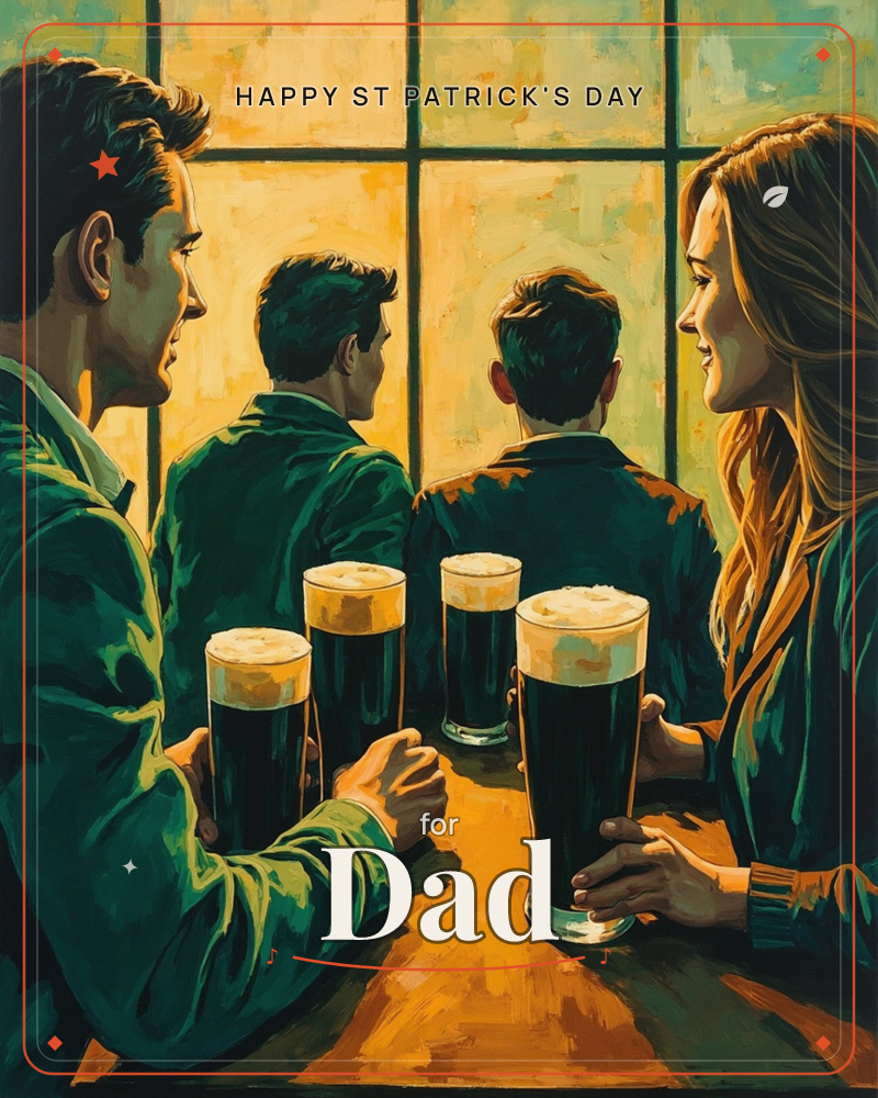 A group of friends gathers at a wooden bar in warm golden light, each holding a tall glass of dark stout topped with cream-coloured foam, a st patrick's day e-card design