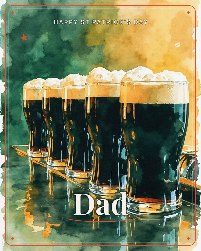 A row of five pint glasses filled with dark stout stand shoulder to shoulder on a glossy dark bar top, their creamy foam heads catching a warm glow, a st patrick's day e-card design