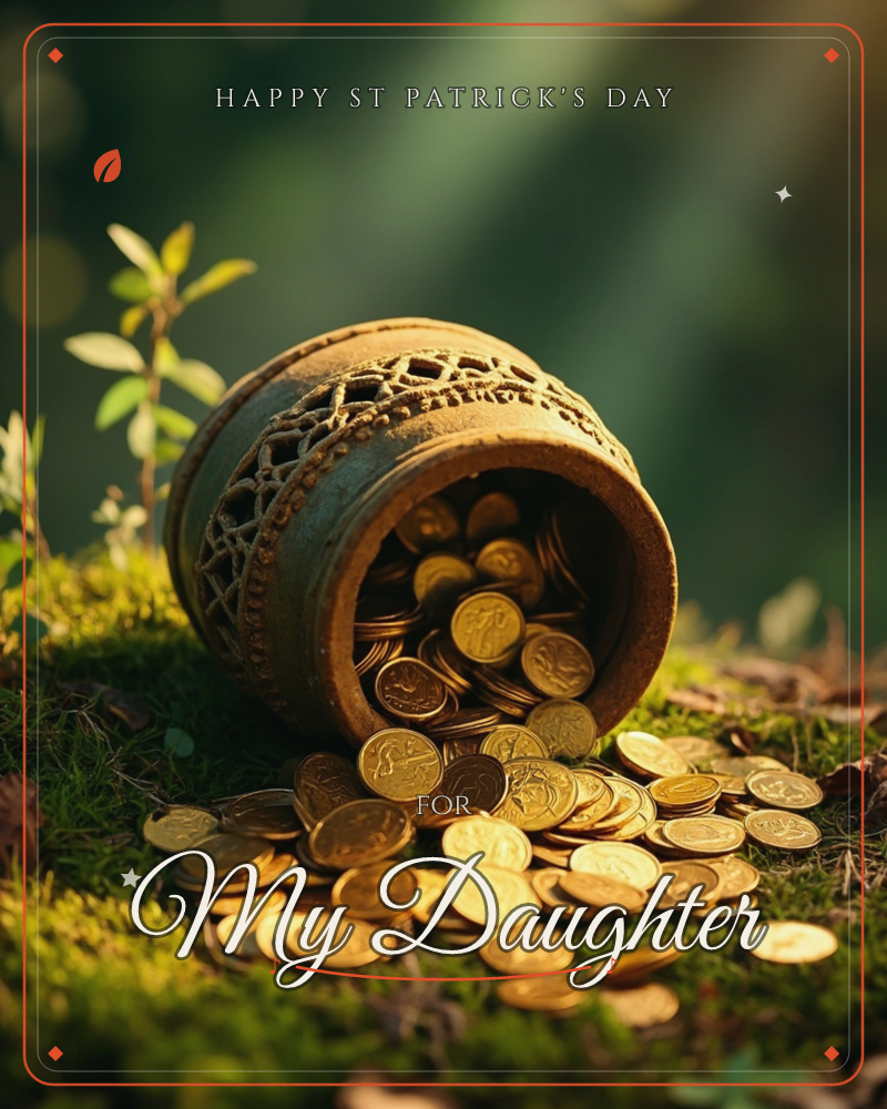 A weathered clay pot lies tipped on its side atop a mossy woodland floor, gold coins spilling out across the ground in a glinting cascade, a st patrick's day e-card design