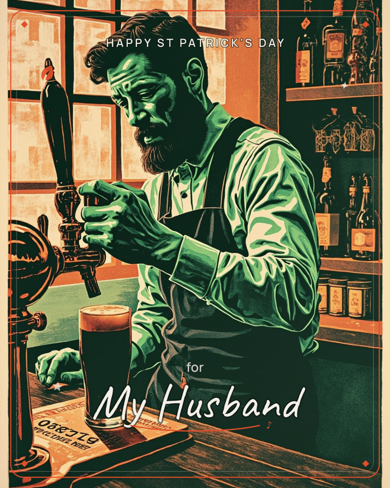 A bearded bartender in an apron pulls a pint from a brass tap, the glass filling with dark amber beer against a backdrop of shelved bottles, a st patrick's day e-card design