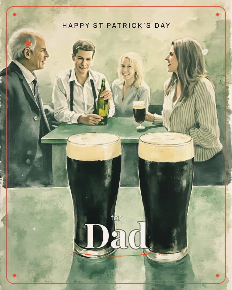 A group of four gathers round a pub table, laughing and talking over drinks, with two tall glasses of dark stout in the foreground and a bottle of beer…, a st patrick's day e-card design