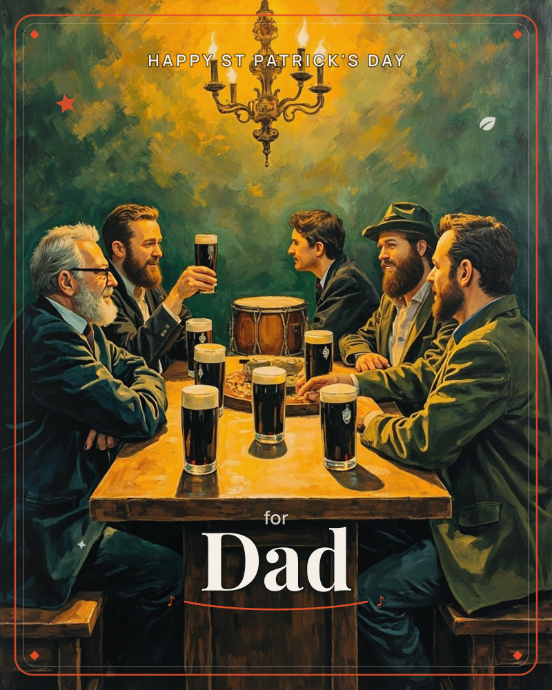 A group of five men gather round a wooden pub table under a wrought-iron candle chandelier, its warm glow cutting through a moody green-shadowed room, a st patrick's day e-card design