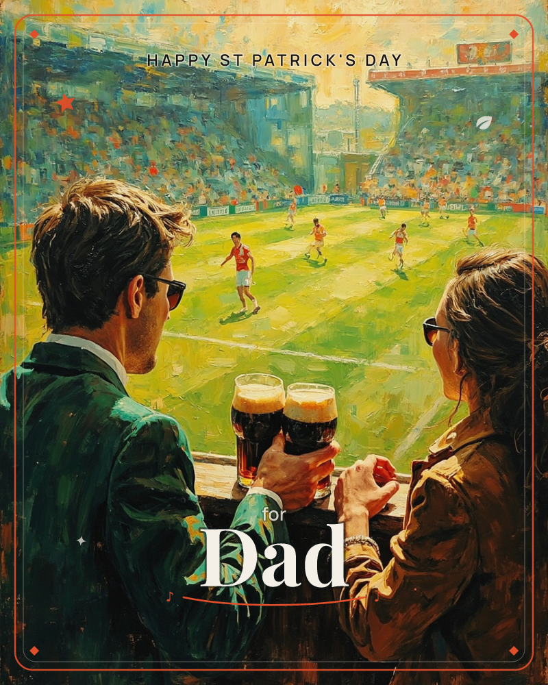 A man and a woman in sunglasses lean on a stadium rail, clinking pints of dark beer as they watch a football match on a bright green pitch below, a st patrick's day e-card design