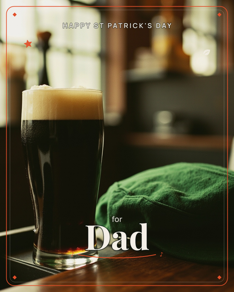 A tall glass of dark stout sits on a dim pub table, its creamy head still settling, with a soft green cap or hat resting beside it, a st patrick's day e-card design
