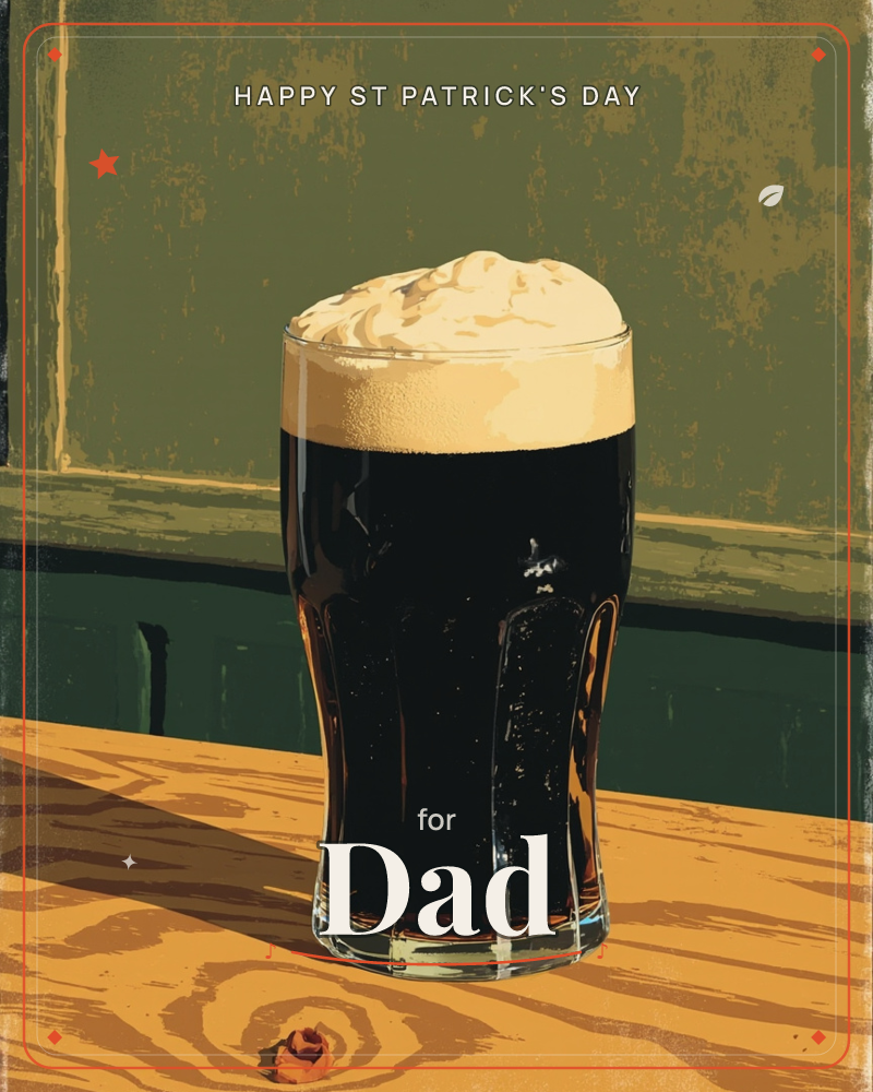 A tall glass of dark stout sits on a worn wooden bar, its creamy head piled thick above the black beer, a st patrick's day e-card design