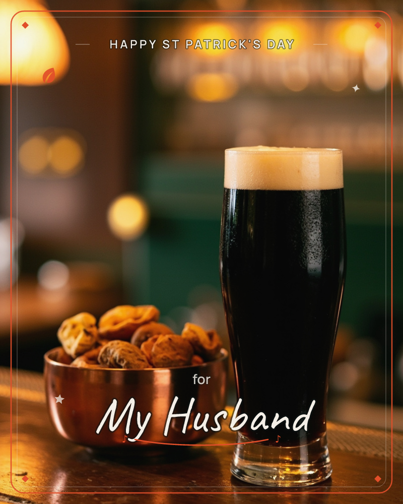 A tall glass of dark stout with a creamy tan head sits on a dim pub bar beside a copper bowl of dried fruit snacks, a st patrick's day e-card design