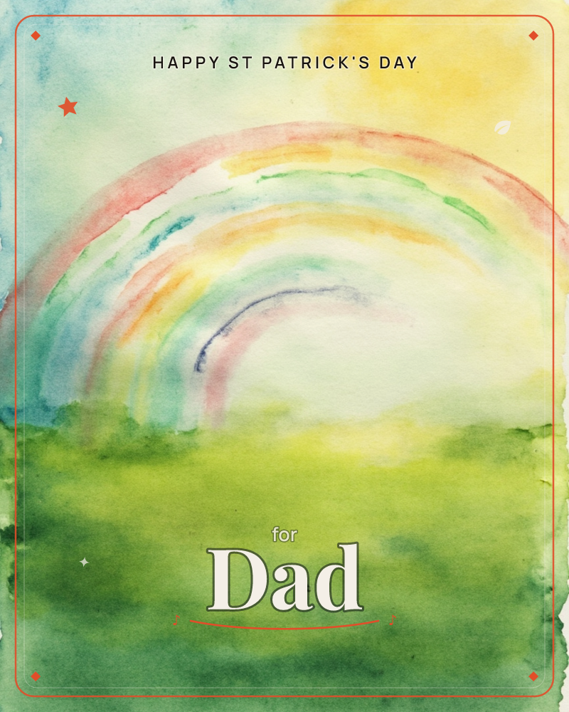 A soft watercolour rainbow arcs over a glowing green field, its bands of pink, orange, and blue bleeding gently into a luminous yellow-white sky, a st patrick's day e-card design