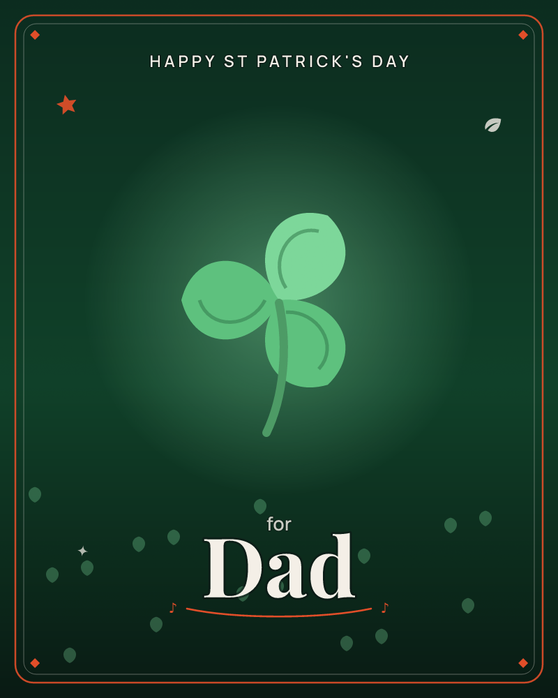 A single three-leaf shamrock glowing pale green at the centre of a deep green field, with tiny clover scattered below, a st patrick's day e-card design