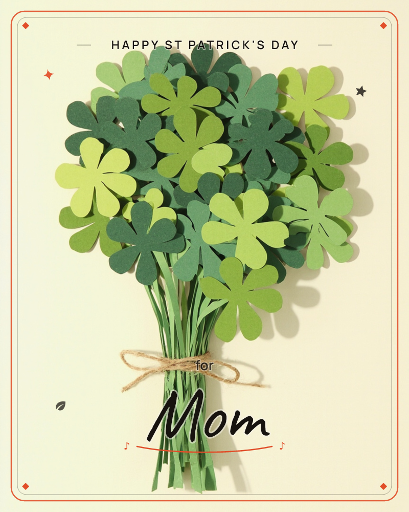 A bouquet of paper-cut clover flowers, layered in shades of forest and lime green, stands upright with slender stems bundled together and tied with a…, a st patrick's day e-card design