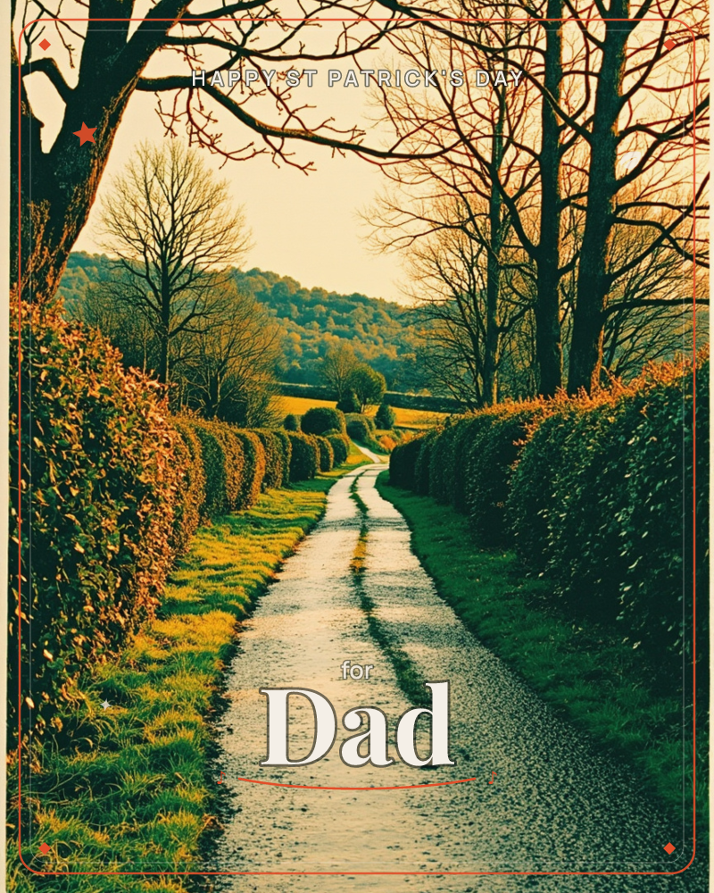 A narrow country lane winds between tall clipped hedges, damp from recent rain and catching the low golden light of late autumn, a st patrick's day e-card design