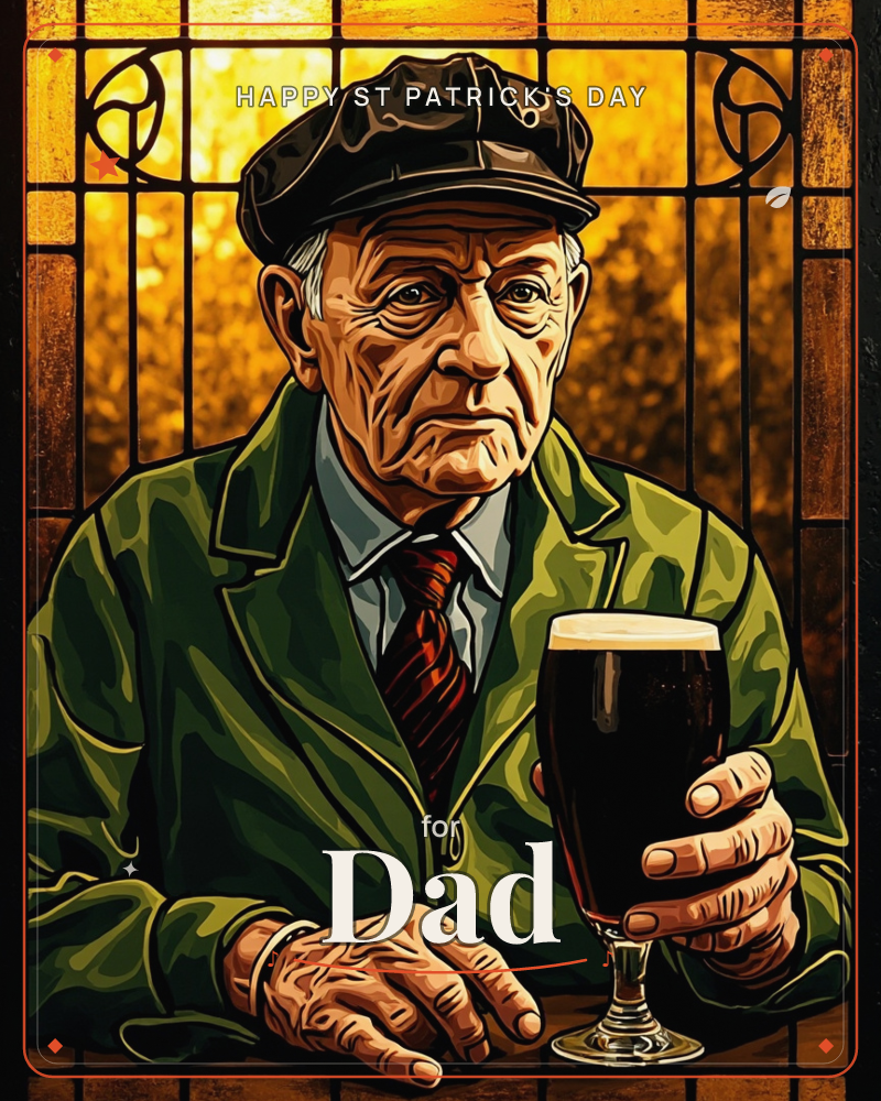 An older man in a flat cap and green coat sits at a pub table, a pint of dark stout in front of him, with amber stained-glass light glowing behind, a st patrick's day e-card design