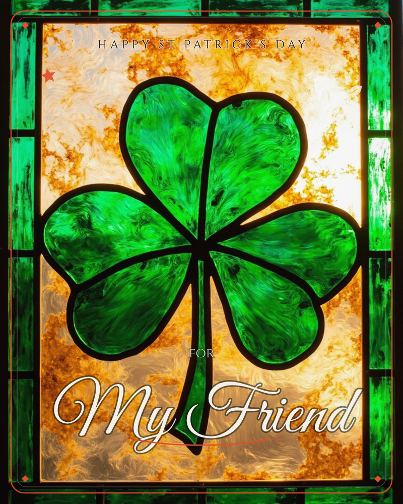 A stained-glass panel glows with a bold three-leaf shamrock at its centre, the glass swirled deep emerald and lit from behind so the leaves seem to…, a st patrick's day e-card design
