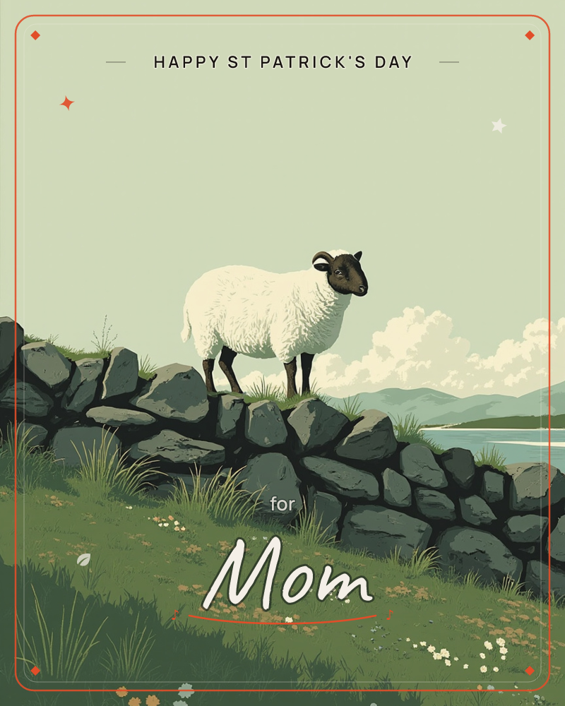 A woolly sheep with a dark curled-horn face stands atop a rugged stone wall, overlooking a quiet countryside with rolling hills and a distant lake, a st patrick's day e-card design