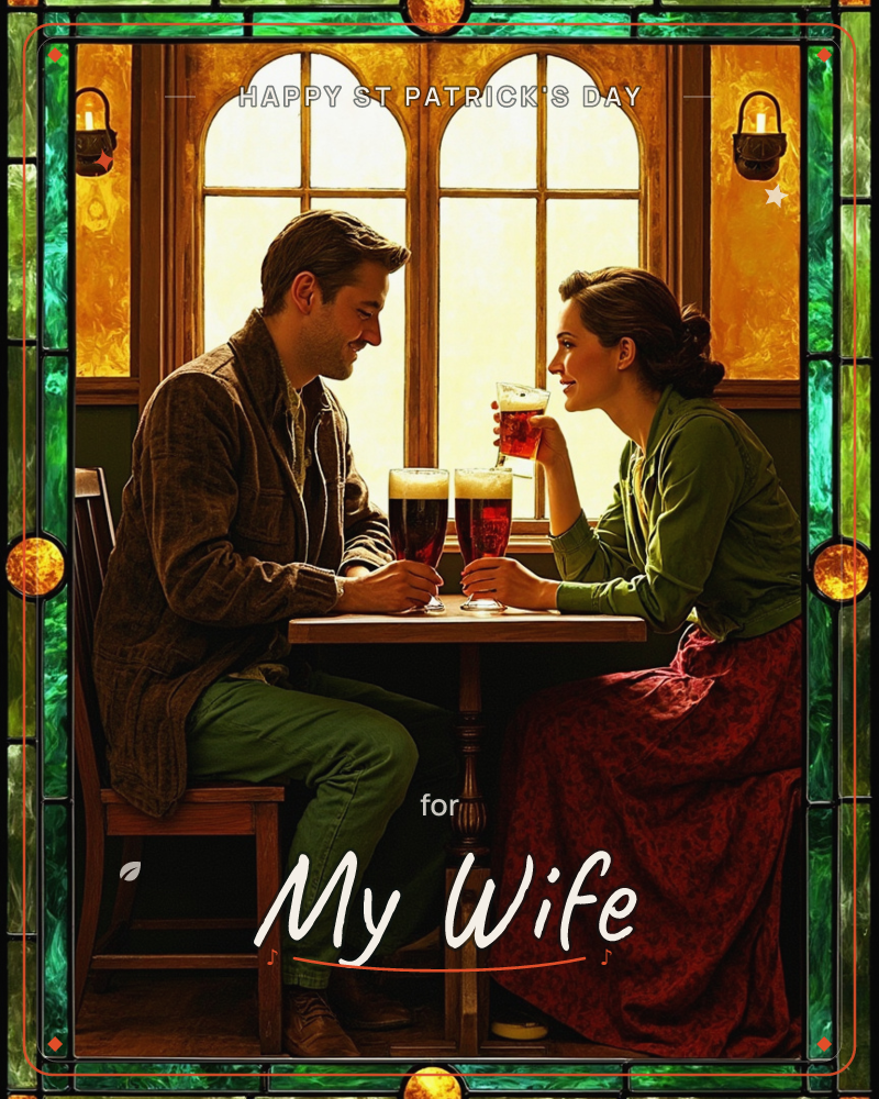 A man and a woman sit close together at a small pub table, raising glasses of dark beer as golden light pours through arched windows behind them, a st patrick's day e-card design