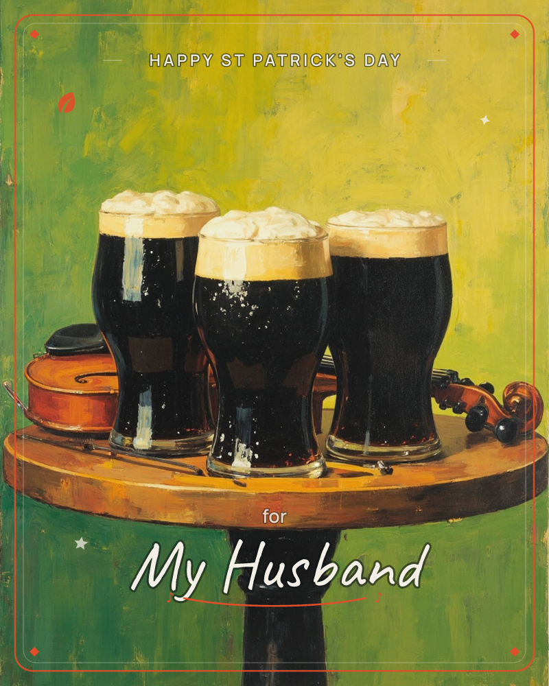 Three tall pints of dark stout with thick creamy heads sit clustered on a round wooden pub table, a fiddle resting behind them against a loosely…, a st patrick's day e-card design