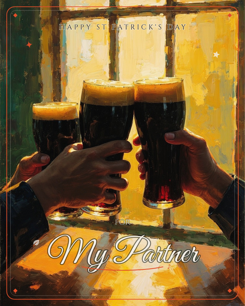Three hands raise pints of dark stout to a toast, the creamy heads glowing against a warm, sunlit pub window behind them, a st patrick's day e-card design